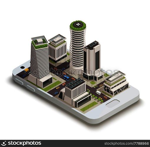 Smart city center tower buildings with sustainable green energy roof gardens on smartphone screen isometric composition vector illustration . Smart City Center Isometric Composition 