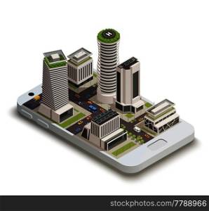 Smart city center tower buildings with sustainable green energy roof gardens on smartphone screen isometric composition vector illustration . Smart City Center Isometric Composition 