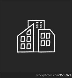 Smart city chalk white icon on black background. Urban office center. City skyscrapers. Condo building. Tall houses. Town infrastructure. Modern townhouse. Isolated vector chalkboard illustration. Smart city chalk white icon on black background