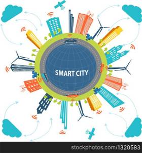 Smart City concept and Cloud computing technology Internet networking concept with different elements. Smart city design with future technology