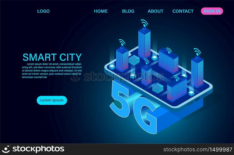 Smart city concept, buildings with 5G symbol wireless internet. technology and telecommunication. isometric concept vector illustration