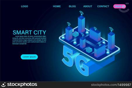 Smart city concept, buildings with 5G symbol wireless internet. technology and telecommunication. isometric concept vector illustration