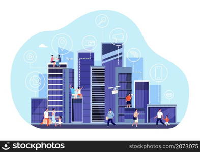 Smart city concept. Downtown internet communication, urban office buildings. People walking, new digital infrastructure utter vector concept. Illustration smart city, communication innovation design. Smart city concept. Downtown internet communication, urban office buildings. People walking, new digital infrastructure utter vector concept