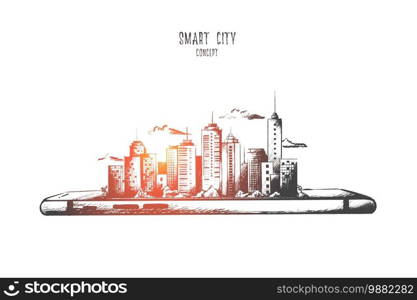 Smart city concept. Hand drawn smartphone with modern city scape. Little model of city with skyscrapers isolated vector illustration.. Samart city concept. Hand drawn isolated vector.