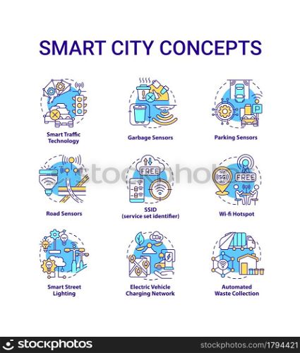 Smart city concept icons set. Futuristic technologies idea thin line color illustrations. Traffic and road control. Garbage auto collection. Vector isolated outline drawings. Editable stroke. Smart city concept icons set