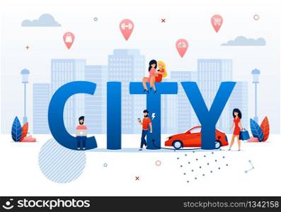 Smart City Concept Vector Illustration. Shopping Sport Gym Cinema Buildings. Global Urban Infrastructure. Cartoon People in Public Space. Modern Town Facilities Social Communication.. Smart City Concept Cartoon People in Public Space