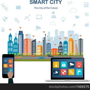 Smart city concept with different icon and elements. Modern city design with future technology for living. Illustration of innovations and Internet of things.Internet of things/Smart city