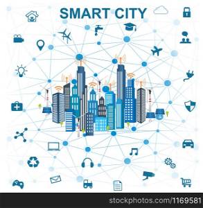 Smart city concept with different icon and elements. Modern city design with future technology for living. Illustration of innovations and Internet of things.Internet of things/Smart city