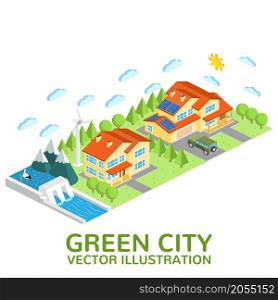 Smart city design. Green energy urban landscape vector. Ecology nature, eco house building. Green energy eco city vector landscape illustration.. Smart city design.