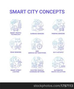 Smart city gradient blue concept icons set. Urban area processes idea thin line color illustrations. Innovative technologies. Quality of city life improvement. Vector isolated outline drawings.. Smart city gradient blue concept icons set