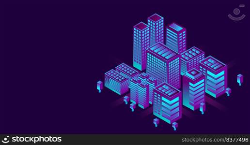 Smart city in a futuristic style. Isometric smart city illustration. Intelligent buildings. Business center with skyscrapers and intelligent buildings