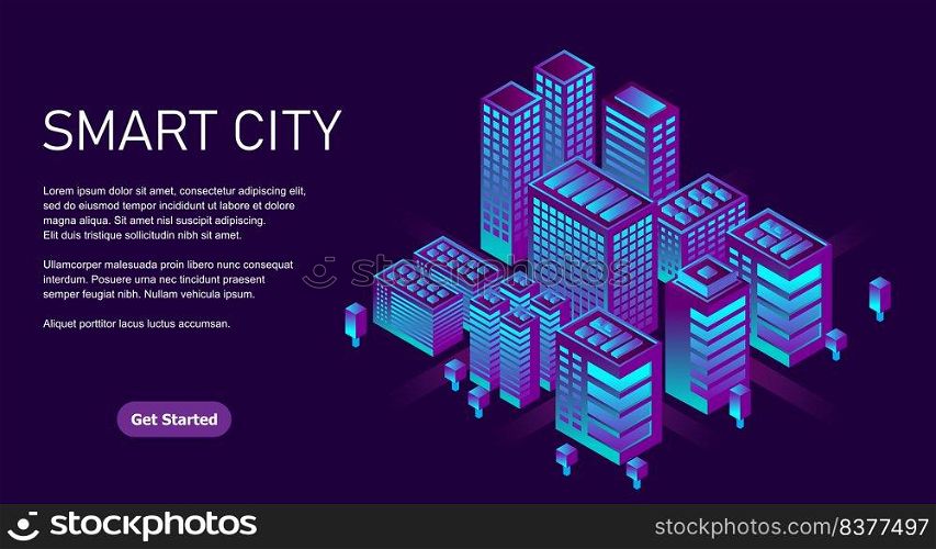 Smart city in a futuristic style. Isometric smart city illustration. Intelligent buildings. Business center with skyscrapers and intelligent buildings