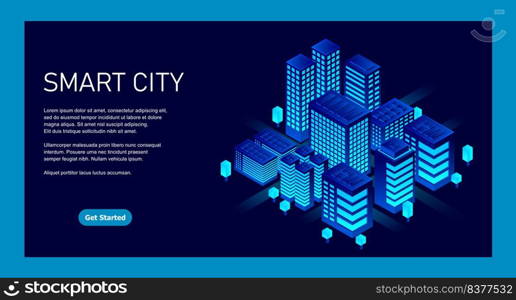 Smart city in a futuristic style. Isometric smart city illustration. Intelligent buildings. Business center with skyscrapers and intelligent buildings