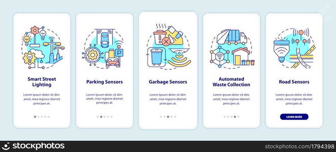 Smart city infrastructure onboarding mobile app page screen. Automatic systems walkthrough 5 steps graphic instructions with concepts. UI, UX, GUI vector template with linear color illustrations. Smart city infrastructure onboarding mobile app page screen