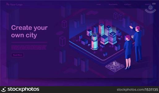 Smart city isometric banner. Business center with smart buildings. Intelligent buildings concept. Futuristic 3d city architecture map. Internet of things. Isolated vector illustration. Smart city isometric banner