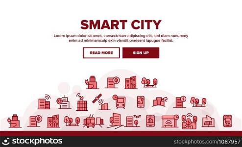 Smart City Landing Web Page Header Banner Template Vector. Intelligence Town Control And Security, Smart Navigation And Direction on Smartphone Illustration. Smart City Landing Header Vector