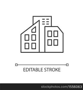 Smart city linear icon. Urban office center. City skyscrapers. Condo building. Tall houses. Thin line customizable illustration. Contour symbol. Vector isolated outline drawing. Editable stroke. Smart city linear icon
