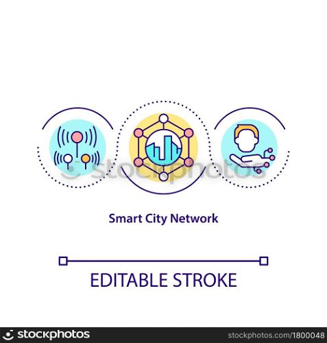 Smart city network concept icon. Internet of things abstract idea thin line illustration. Technological future urban life. City management. Vector isolated outline color drawing. Editable stroke. Smart city network concept icon