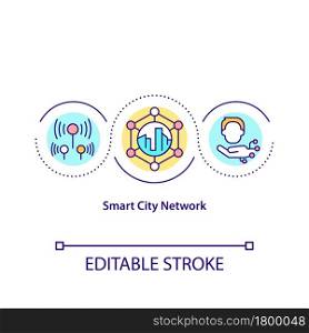 Smart city network concept icon. Internet of things abstract idea thin line illustration. Technological future urban life. City management. Vector isolated outline color drawing. Editable stroke. Smart city network concept icon