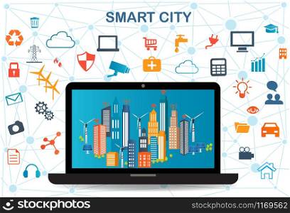 Smart city on laptop with different icon and elements and environmental care.Modern city design with future technology for living. Smart City and wireless communication network