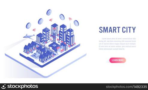 Smart city on mobile isometric flat vector concept. Building automation with computer networking illustration. Internet of thing platform as future technology.
