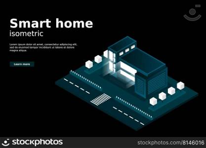 Smart city or intelligent building isometric vector concept. Modern smart city urban planning and development infrastructure buildings. Creative vector illustration on gradient background.