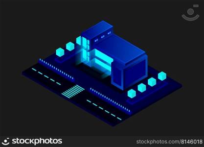 Smart city or intelligent building isometric vector concept. Modern smart city urban planning and development infrastructure buildings. Creative vector illustration on gradient background.