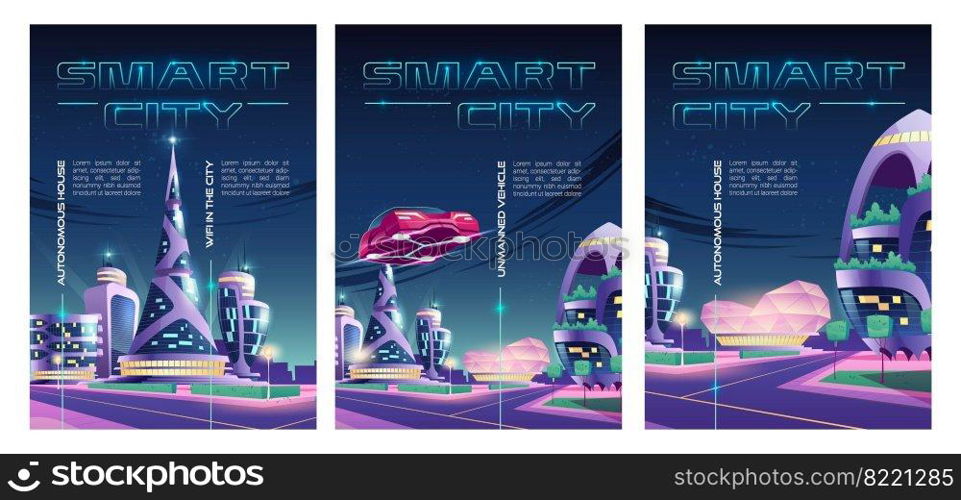 Smart city posters with night town with skyscrapers, futuristic buildings and car. Vector flyer of future city infrastructure with unmanned vehicle, autonomous houses and wifi. Smart city posters with futuristic night town