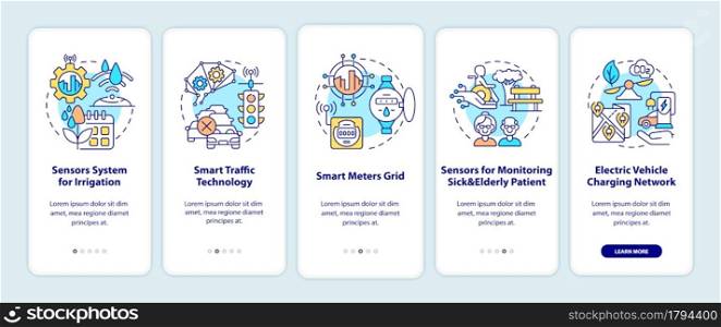 Smart city projects onboarding mobile app page screen. Various technologies walkthrough 5 steps graphic instructions with concepts. UI, UX, GUI vector template with linear color illustrations. Smart city projects onboarding mobile app page screen
