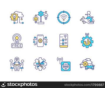Smart city related RGB color icons set. City management. Road and electricity control. Future urban infrastructure. Isolated vector illustrations. Simple filled line drawings collection. Smart city related RGB color icons set