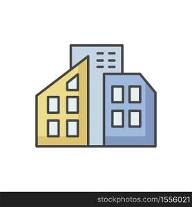 Smart city RGB color icon. Urban office center. City skyscrapers. Condo building. Tall houses. Town infrastructure. Modern townhouse. Apartment in condominium. Isolated vector illustration. Smart city RGB color icon