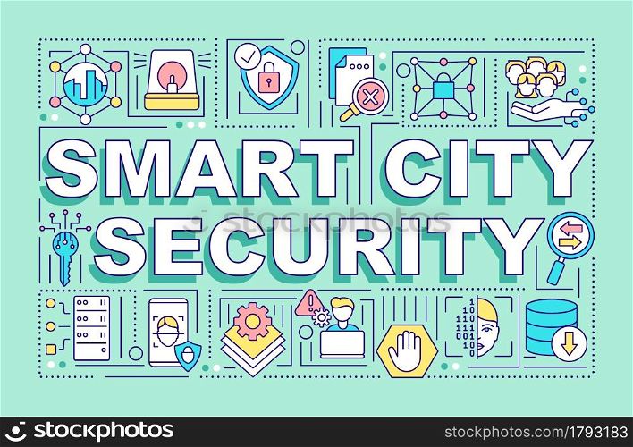 Smart city security word concepts banner. Avoid cyberattacks on servers. Infographics with linear icons on blue background. Isolated creative typography. Vector outline color illustration with text. Smart city security word concepts banner