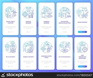 Smart city technologies gradient blue onboarding mobile app page screen. Walkthrough 5 steps graphic instructions with concepts. UI, UX, GUI vector template with linear color illustrations. Smart city technologies gradient blue onboarding mobile app page screen