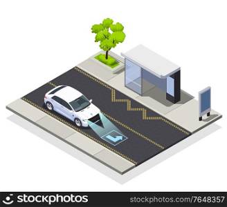 Smart city technologies isometric composition of road with bus stop and moving car equipped with scanner vector illustration