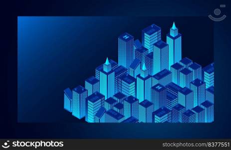 Smart city technology for business and life. Business center with skyscrapers. Isometric futuristic town with skyscrapers. Smart city isometric illustration