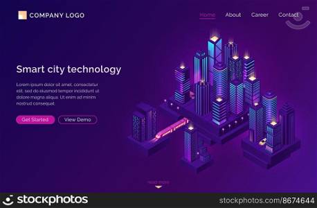 Smart city technology for business and life. Isometric futuristic town with skyscrapers, subway train and taxi. Vector purple landing page for company website, innovation in urban infrastructure. Smart city technology with isometric town