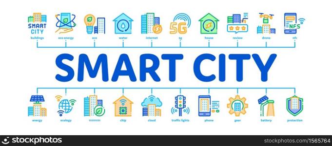 Smart City Technology Minimal Infographic Web Banner Vector. Smart City Tool Traffic Lights And Drone Delivery, Solar Battery And Eco Energy Plant Illustration. Smart City Technology Minimal Infographic Banner Vector