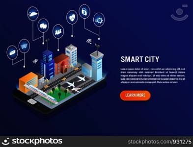 Smart city technology with smart service in isometric vector design