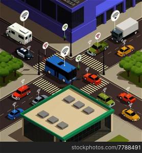 Smart city traffic lights assistance technology connecting  cars in busy streets intersections isometric composition poster vector illustration . Smart City Traffic Isometric  Composition