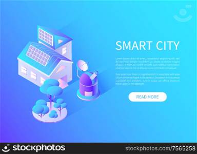 Smart city transport and building with batteries vector. Website with information, satellite with dish and telescope observation for scientific labs. Smart City Transport and Building with Batteries