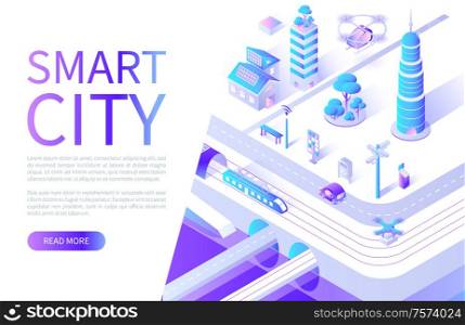 Smart city website with streets and transport vector. Garbage bin and public transport, train and bus riding on road, skyscrapers building and copter. Smart City Website with Streets and Transport
