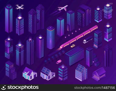 Smart city with modern buildings, technologies and transport. Vector isometric illustration of urban infrastructure with skyscrapers, houses and office buildings, cars, train and airplane. Smart city with modern buildings and transport