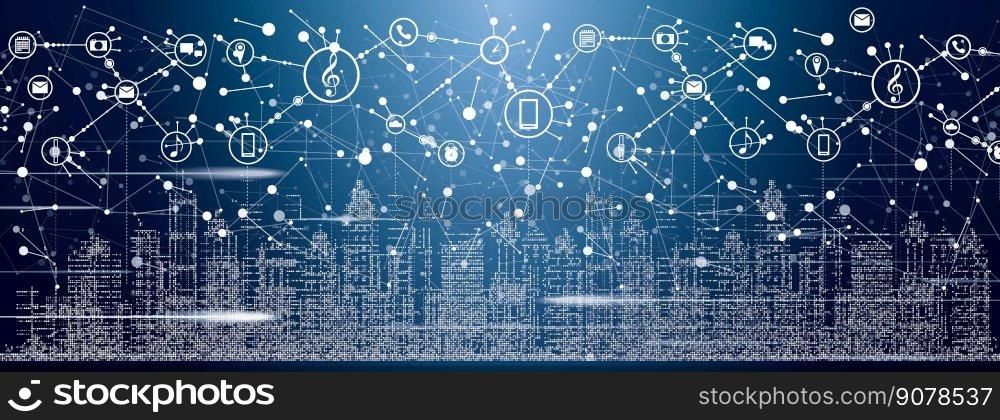 Smart City with Neon Buildings, Networks and Internet of Things Icons. Vector Illustration.