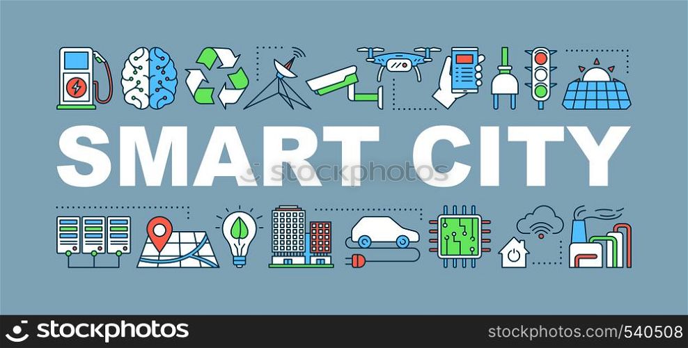 Smart city word concepts banner. Urban facilities. Isolated lettering typography idea with linear icons. Automated high-tech city. Vector outline illustration. Smart city word concepts banner