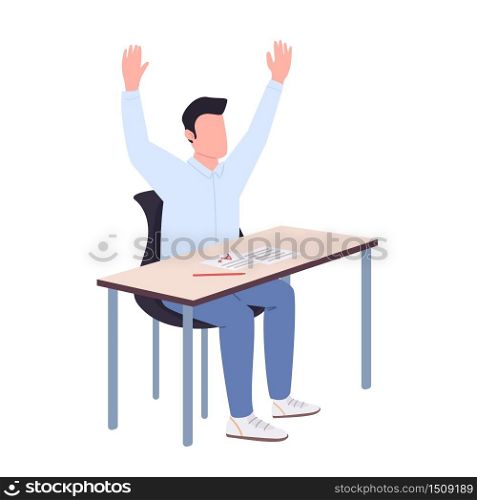 Smart college student in panic flat color vector faceless character. Happy guy recieved goot test results isolated cartoon illustration for web graphic design and animation. Great academic performance