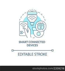 Smart connected devices turquoise concept icon. Home automation system abstract idea thin line illustration. Isolated outline drawing. Editable stroke. Arial, Myriad Pro-Bold fonts used. Smart connected devices turquoise concept icon