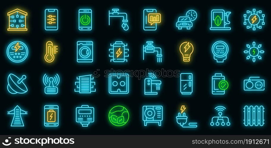 Smart consumption icons set. Outline set of smart consumption vector icons neon color on black. Smart consumption icons set vector neon