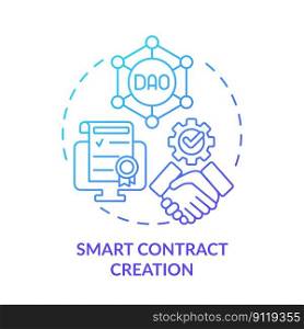 Smart contract creation blue gradient concept icon. Blockchain network operation. DAO lunch step abstract idea thin line illustration. Isolated outline drawing. Myriad Pro-Bold font used. Smart contract creation blue gradient concept icon