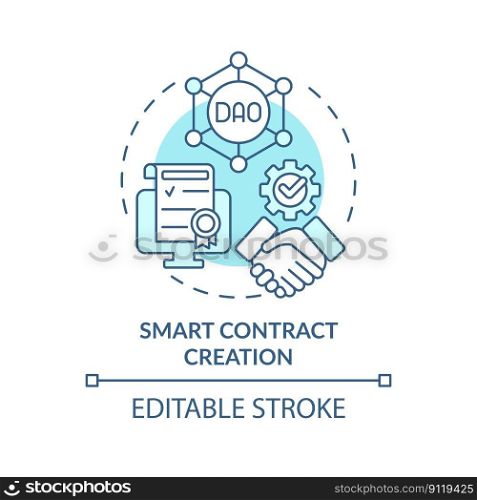 Smart contract creation turquoise concept icon. Blockchain network. DAO lunch step abstract idea thin line illustration. Isolated outline drawing. Editable stroke. Arial, Myriad Pro-Bold fonts used. Smart contract creation turquoise concept icon