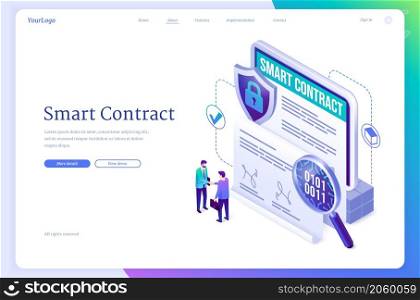 Smart contract isometric landing page. Concept of electronic signature, blockchain crypto technology. Businessmen handshake at huge tablet with digital online e-contract document 3d vector web banner. Smart contract isometric landing page, signature